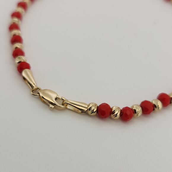 14k Yellow Gold Fashion Red And Gold Beaded Bracelet 7.5" - Picture 6 of 8